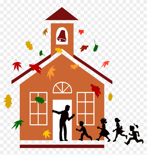 Image of old fashioned school house and fall leaves